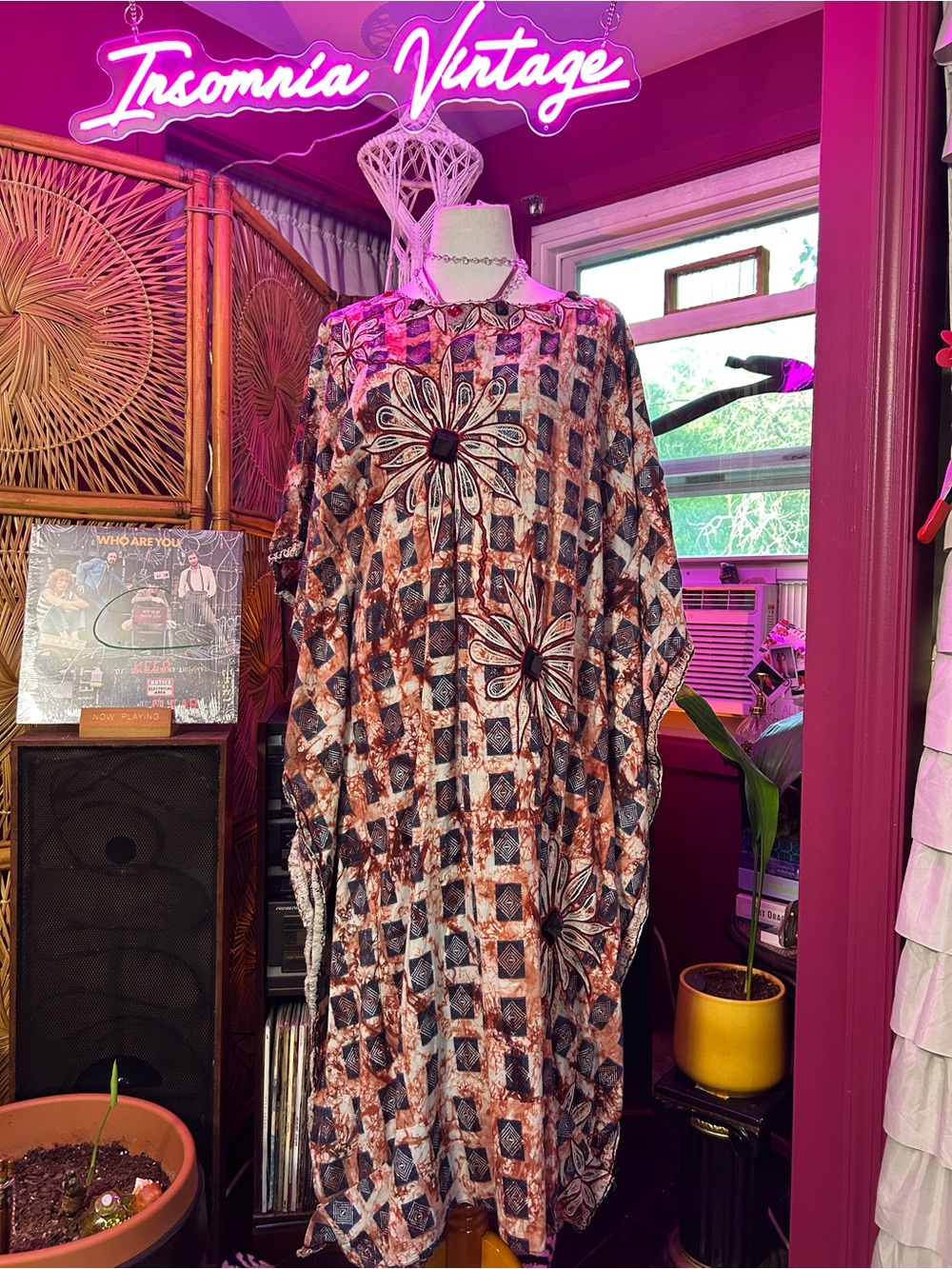 Vintage Davincci Floral Check Kaftan Dress